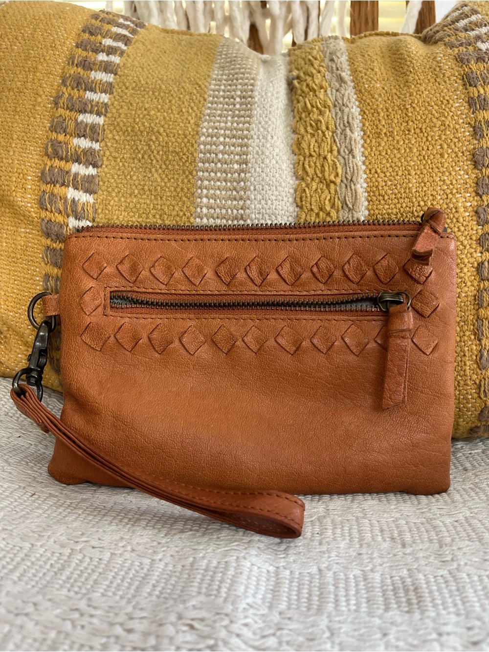 Leather Wristlet Clutch in Tan with Woven Detail
